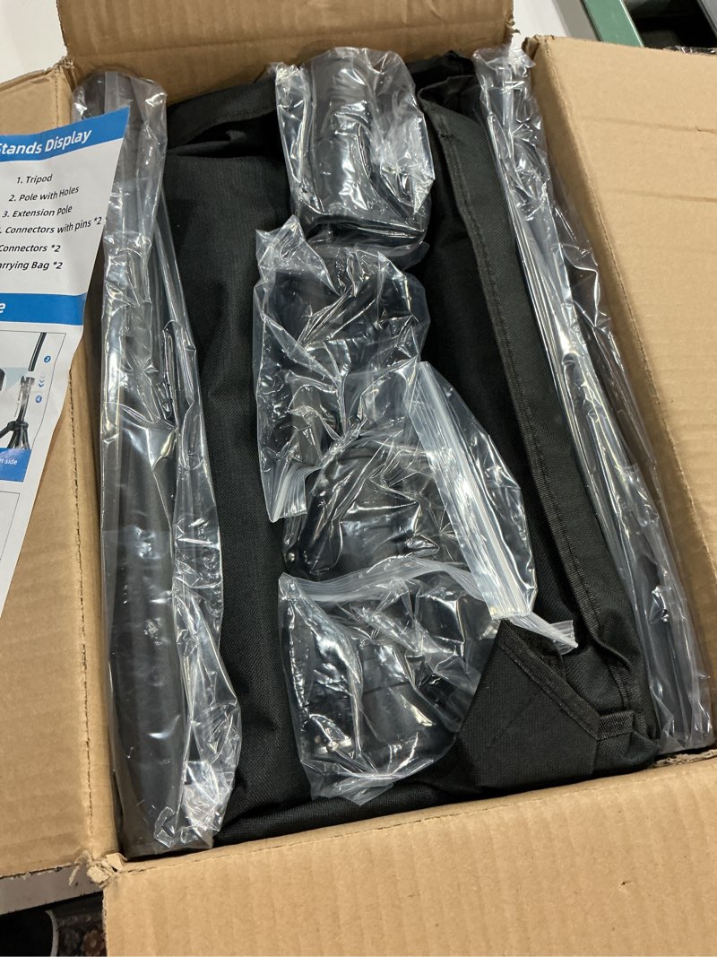 Condition photo showing New/Like New for small speaker stands 2 pack, 24-50 inch height adjustable speaker tripod stand pair, lightweight 35mm compatible insert, support 55 lb with 2 storage bags pack 2