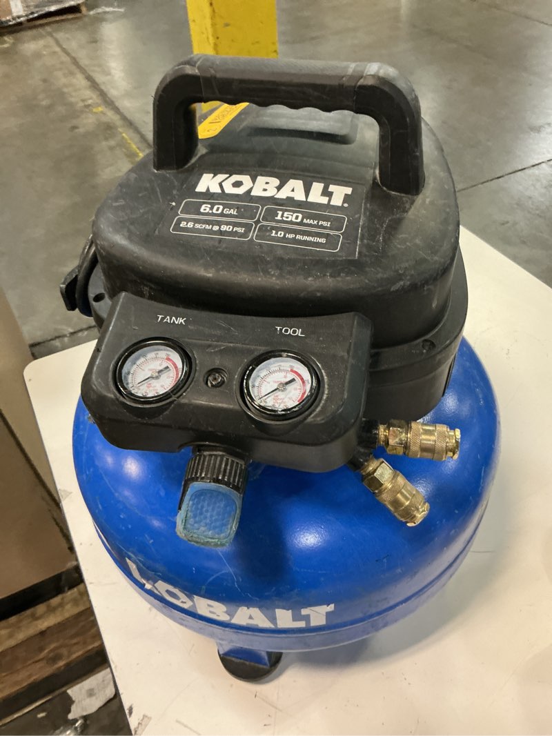 Condition photo showing As Is for kobalt 6-gallon portable electric 175 psi pancake air compressor