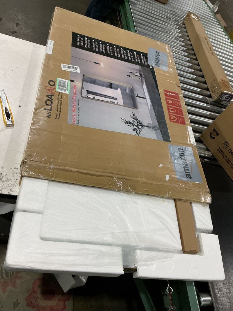 Condition photo showing New/Like New for loaao 22”x30” gold bathroom mirror, rounded rectangle gold frame mirror, brushed gold bathroom vanity mirror wall-mounted, anti-rust, hangs horizontally or vertically gold 22"l x 30"w