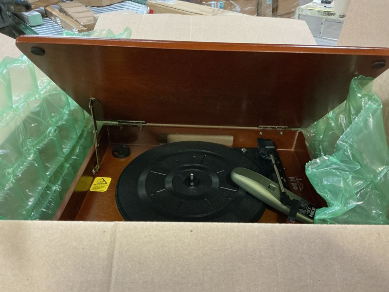 Condition photo showing As Is for victrola navigator 8-in-1 bluetooth record player with built-in speakers– 3 speed turntable, cd player, cassette, fm radio, usb, rca out, headphone jack, wireless music streaming, real wood (espresso)