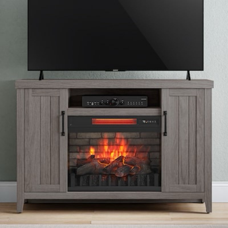  style selections 48-in w iron oak free standing infrared quartz flat wall electric fireplace