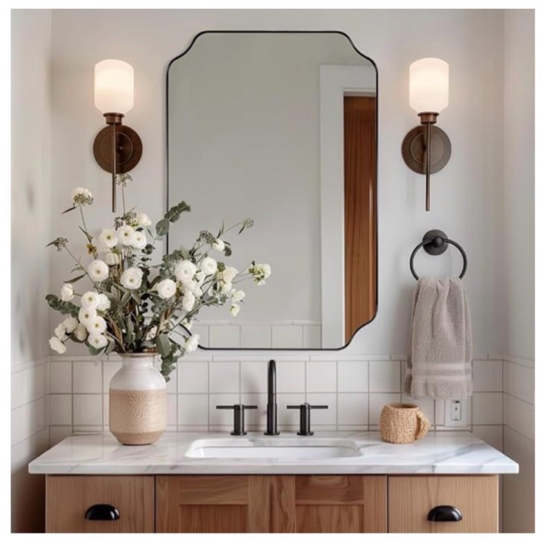 andy star bathroom vanity mirror, 24x36 inch matte black mirror, modern rectangle mirrors for bathroom, asymmetrical wall mirror with scalloped round corner