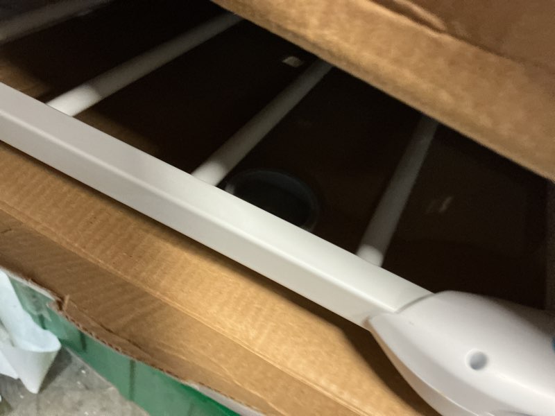 Condition photo showing As Is for regalo safety 29-38.5" baby gate for doorways & bottom of stairs, pressure mounted baby gate with door for babies, toddlers & pets, tested & safe for 30 years, american designed, american owned, white white 29-38.5"w x 30"h