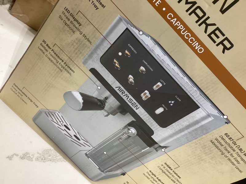 Condition photo showing New/Like New for AIRMSEN 20 Bar Espresso Machine with Automatic Milk Frother, Cappuccino & Latte Coffee Maker with Quick Brew Dual Boiler (1350W + 1000W), Stainless Steel, 60oz Water Tank, Touchscreen