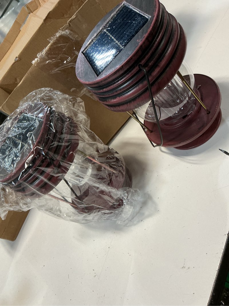 Condition photo showing Good Condition for hanging solar garden lights outdoor - 8.3” solar powered waterproof retro christmas lanterns, bright landscape lamp, 30 lumen, 2 pack, great decor for patio, yard, garden and table (warm white) 8.3" 2