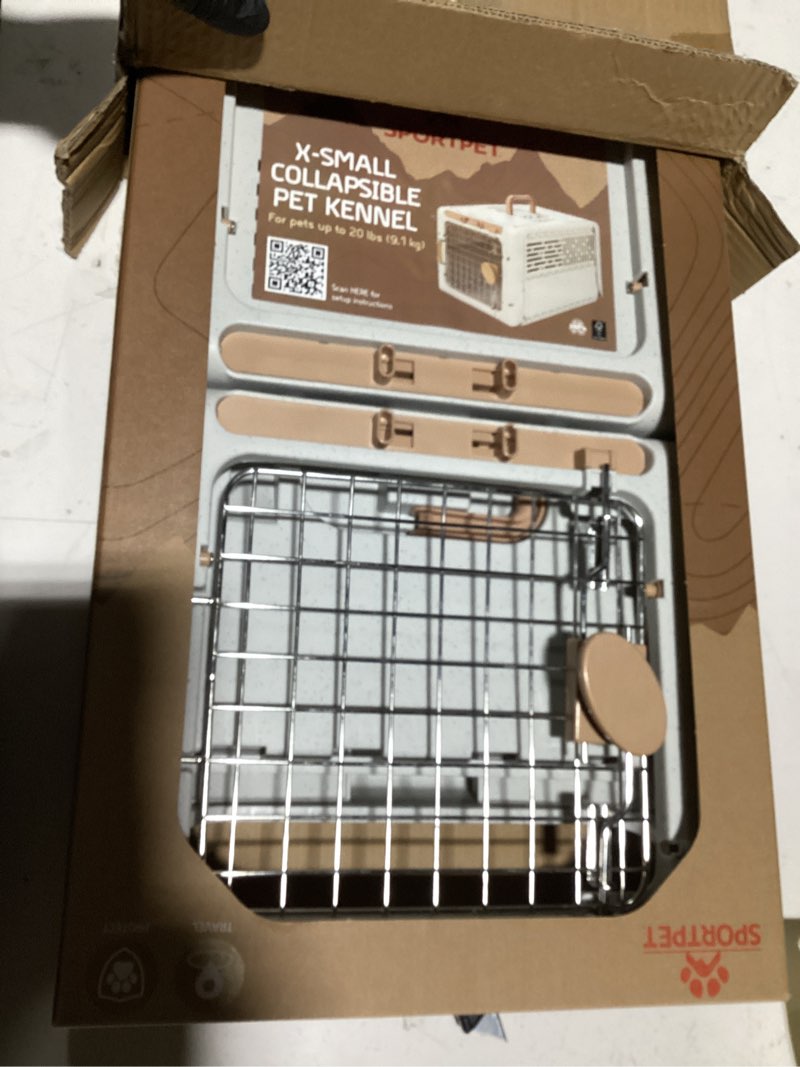 Condition photo showing Good Condition for SportPet Designs Collapsible X-Small Pet Travel Carrier (Tan), Hard-Sided Kennel for Small Dogs, Puppies, Cats, Kittens, Animals up to 20lbs, Washable Home & Outdoor Pet Crate, 19.6"L x 13.5"W x 12"H