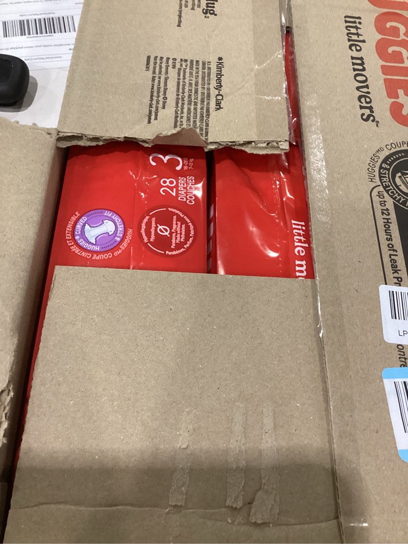 Condition photo showing New/Like New for huggies size 3 diapers, little movers baby diapers, size 3 (16-28 lbs), 168 count (6 packs of 28), packaging may vary
