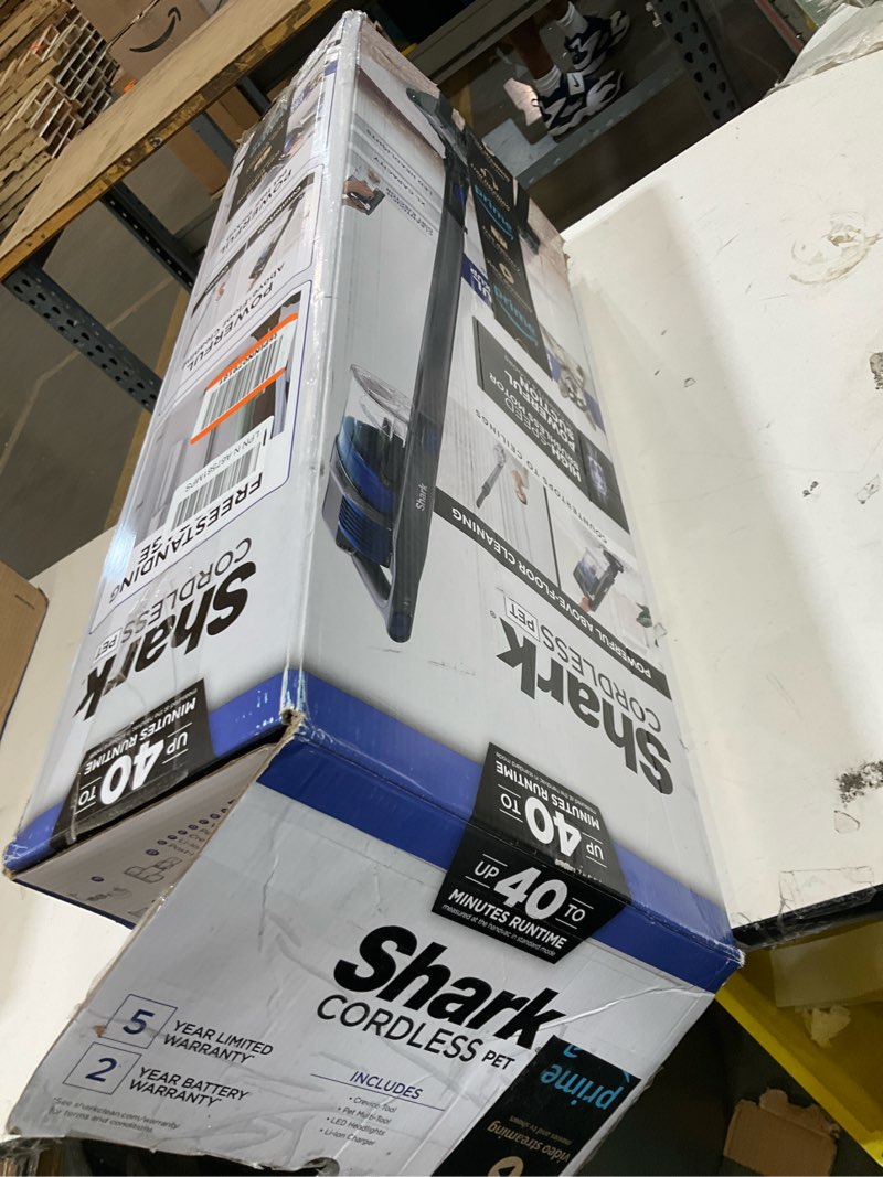 Condition photo showing As Is for shark | pet cordless vacuum cleaner | led headlights | removable handheld vacuum for pet hair | crevice tool & pet multi-tool included | 40min runtime | for carpet & hard floors | grey | ix141 pet cordless essential