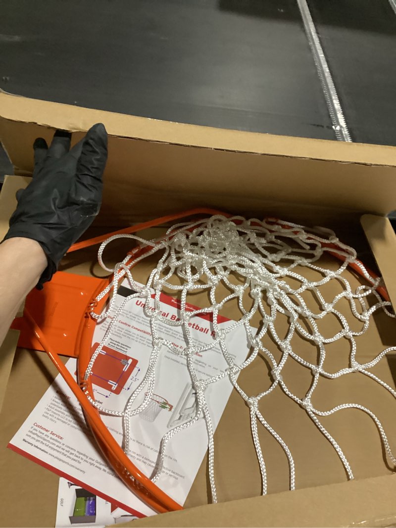 Condition photo showing New/Like New for gosports regulation 18" steel basketball rim - choose from fixed or breakaway - use for replacement or garage mount
