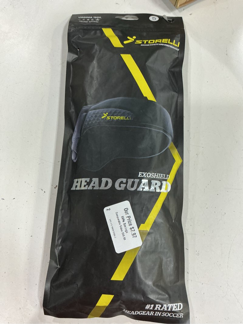 Condition photo showing New/Like New for storelli exoshield head guard, military-grade head protection, foam padding headband, official headgear of us club soccer