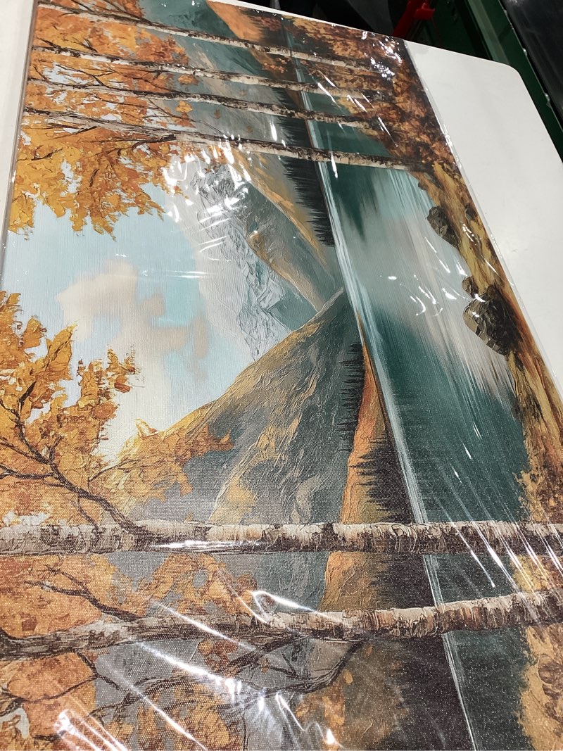 Condition photo showing Good Condition for slycay large landscape wall art prints, goden birch tree forest canvas painting pictures, nature lake mountain wall farmhouse decor, modern artwork living room bedroom bathroom office 20"x40" golden leaf lake view 40"l x 20"w