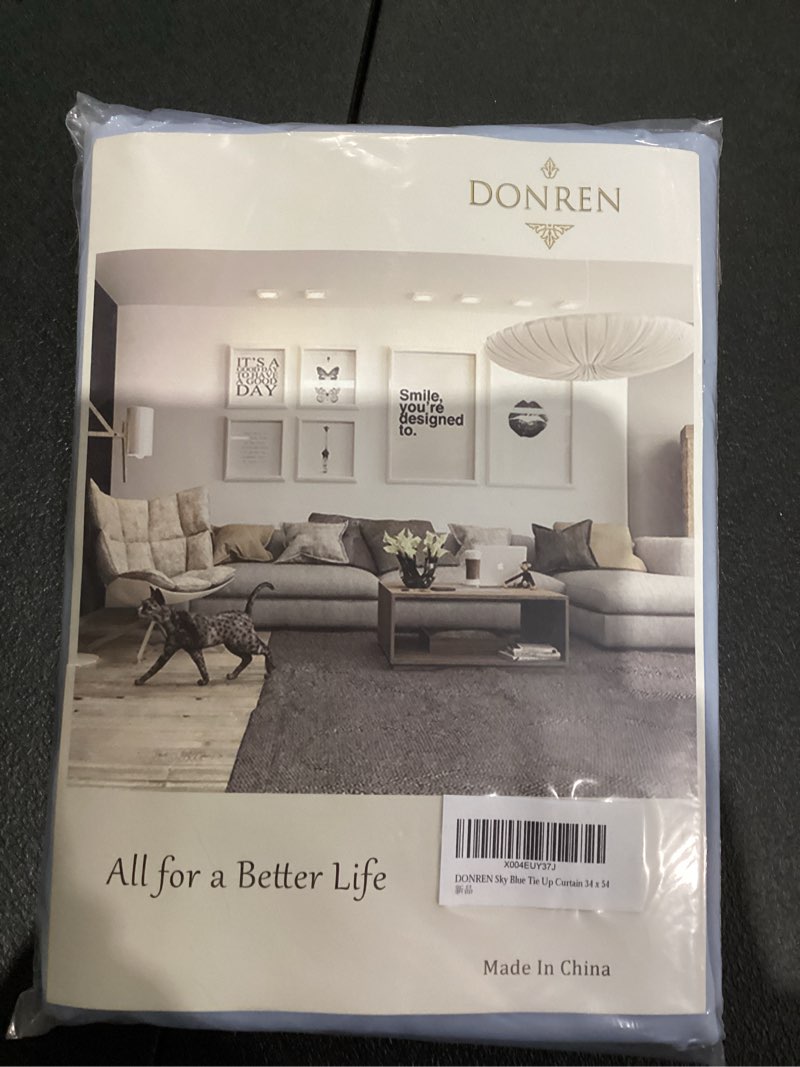 Condition photo showing New/Like New for DONREN Sky Blue Tie-Up Shade for Small Window - Room Darkening Window Treatment Energy Efficient Balloon Shade Curtain Kitchen Decor(34W x 54 inches Long,1 Panel) 34"W x 54"L (Pack of 1) Sky Blue