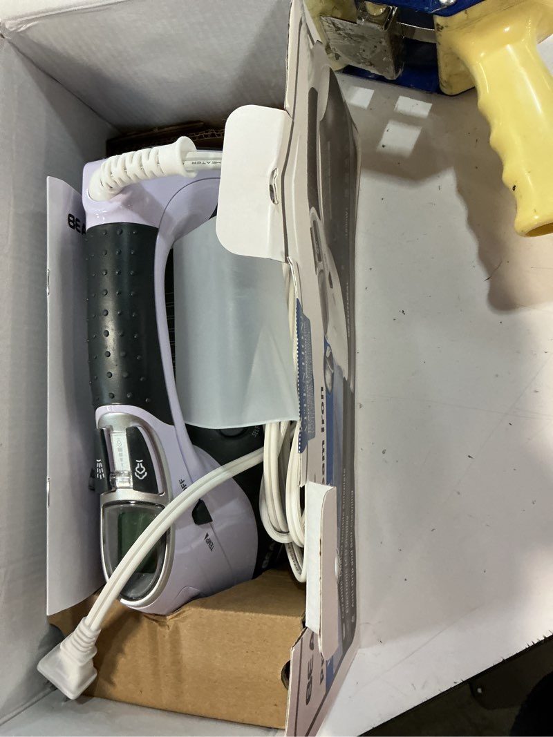 Condition photo showing As Is for beautural 1800-watt steam iron with digital lcd screen, double-layer and ceramic coated soleplate, 3-way auto-off, 9 preset temperature and steam settings for variable fabric gray