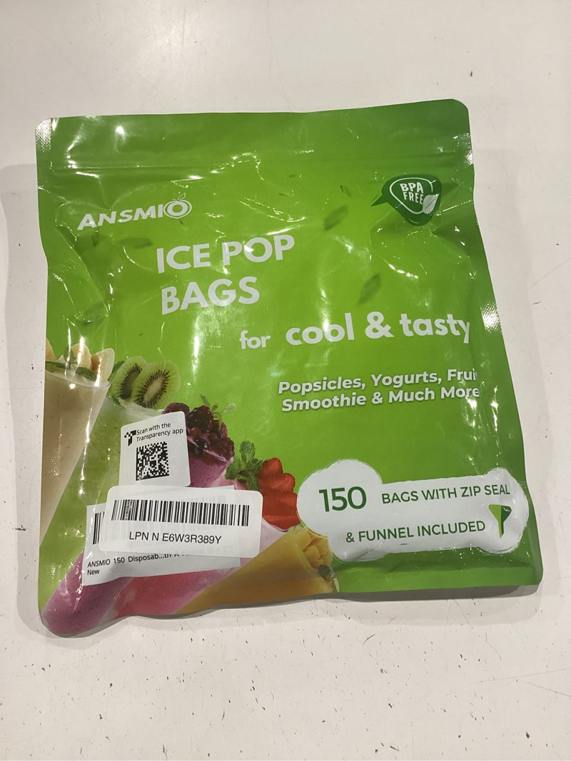 Condition photo showing New/Like New for ansmio 150 disposable popsicle mold bags with zip seals, 8x2" freezer tubes for diy ice pops, yogurt, juice & fruit smoothies - includes funnel, bpa-free, ice pop molds 8x2 inch (150 bags)