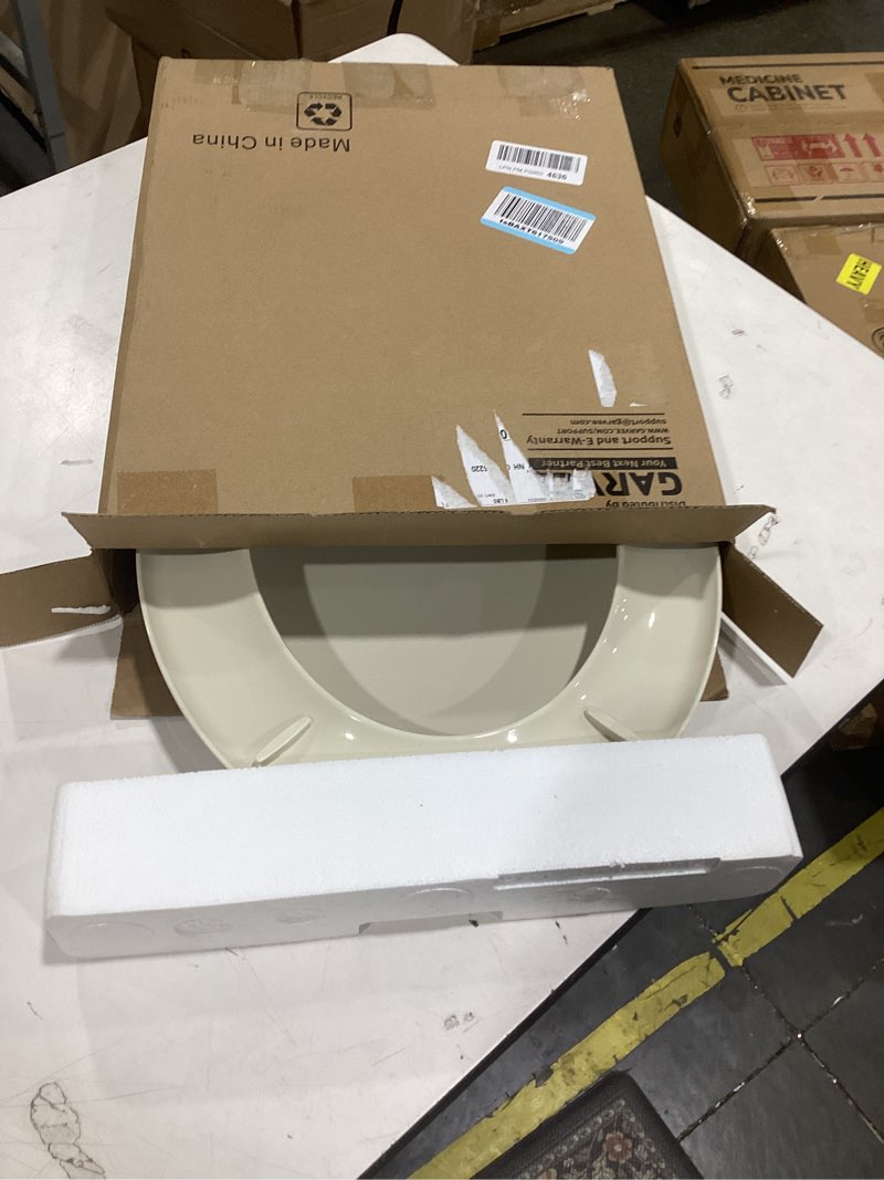 Condition photo showing As Is for 17" round almond slow close toilet seat, polypropylene toilet seat cover with never loosen lid, quiet and easy to install and clean almond, standard round (17?)
