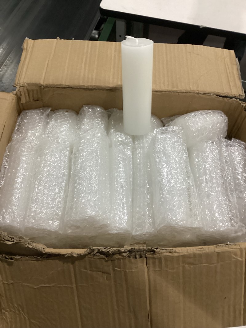 Condition photo showing As Is for 72 pack white pillar candles bulk set, 2x3 2x6 2x8 inch - 24 each size, dripless smokeless clean burning for wedding centerpieces, home decor, church, romantic ambiance? 72 white flat-top 2 x 3/6/8 inch