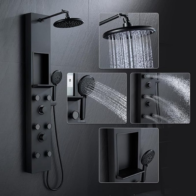 popfly shower panel tower system adjustable shower arm height rainfall head system stainless steel shower panel with shelf and 6 body massage jets, bathroom black shower column panel 6 jets with shelf-black