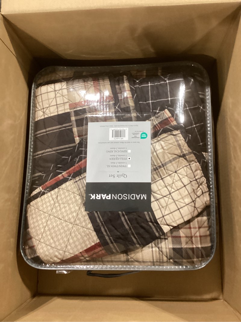 Condition photo showing Good Condition for Madison Park Queen Quilt Set Patchwork Farmhouse, Diamond Quilting Reversible Coverlet Set for Queen Size Bed, Plush Cotton Filled Quilt Set Queen Size, Shams Full/Queen Red/Black 3 Piece Timber Red/Black 3 Piece Full/Queen
