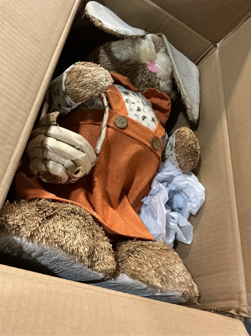Condition photo showing Good Condition for juegoal easter bunny decor, 32"(2.6ft) large standing sisal rabbit figurine, handmade easter straw mrs. bunny statues, cute photo props gifts for farmhouse spring home porch decorations style a