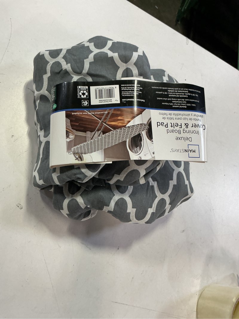 Condition photo showing As Is for mainstays ironing board cover – 15x54, cotton, felt padded, scorch resistant, gray/white lattice pattern (cover only)