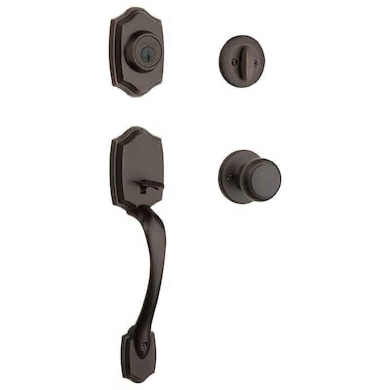 Condition photo showing As Is for kwikset belleview venetian bronze exterior single-cylinder deadbolt and keyed entry door