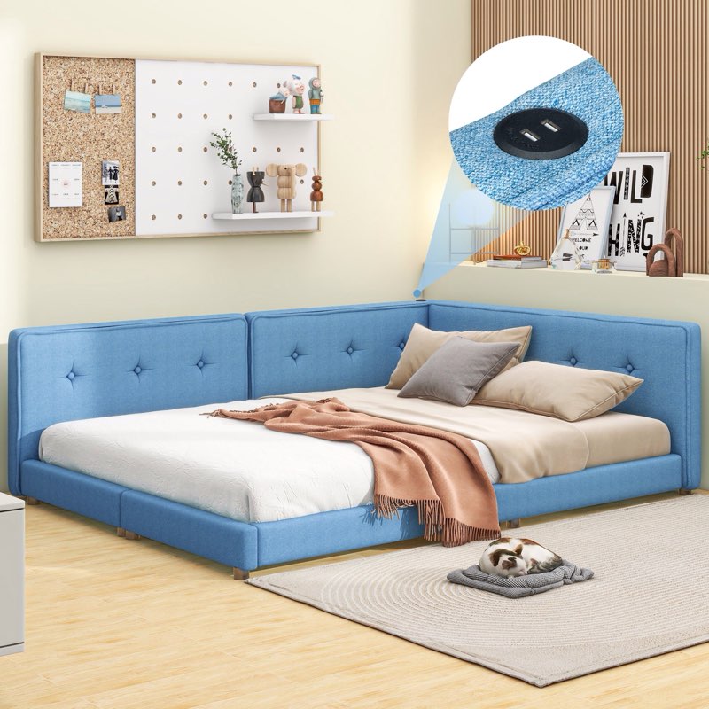  (Incomplete box 2 of 2) Upholstered Full Size Platform Bed With Usb Ports, Blue Full Blue Linen