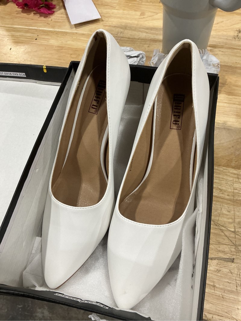 Condition photo showing As Is for idifu in3 high heels pumps closed toe heels women's pumps stiletto pointed toe dress shoes wedding prom bridal work office bride guest trendy dressy fashion comfortable pump shoes 8.5 white pu