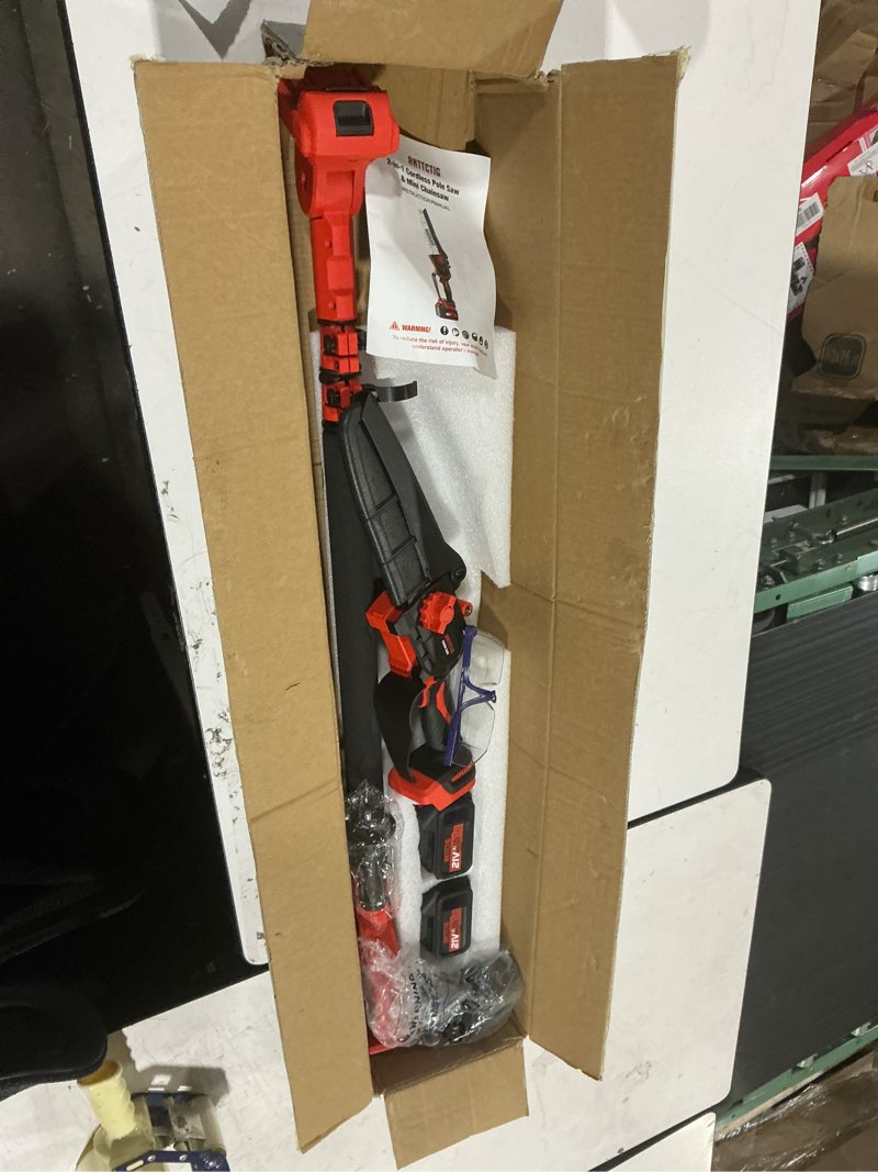 Condition photo showing Good Condition for upgraded 2-in-1 cordless pole saw & 8 inch mini chainsaw, battery powered tree trimmer with 6.6ft(2m) extension pole, 21v 4.0ah x2 batteries, electric chainsaw for branch, limb & wood cutting red with pole
