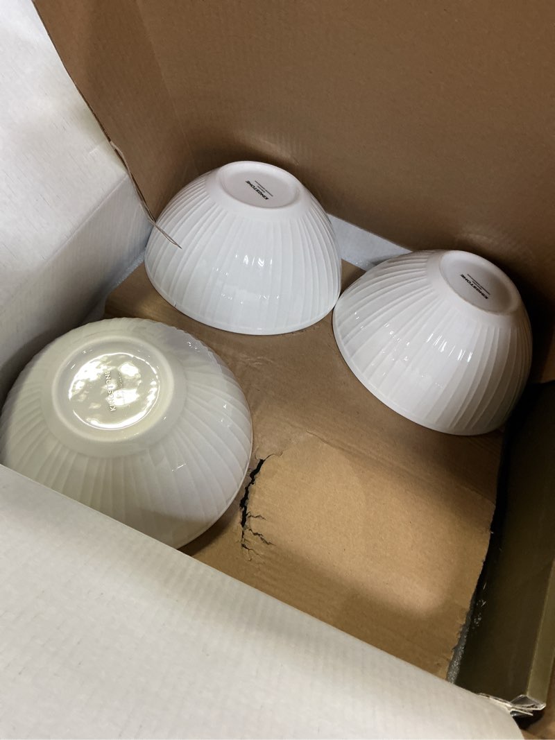 Condition photo showing As Is for kingstone bone china dinnerware set, 12-piece white lightweight porcelain with textured design service for 4, plates, bowls, for family dining, restaurants, gifting?microwave and dishwasher safe white service for 4-12pcs