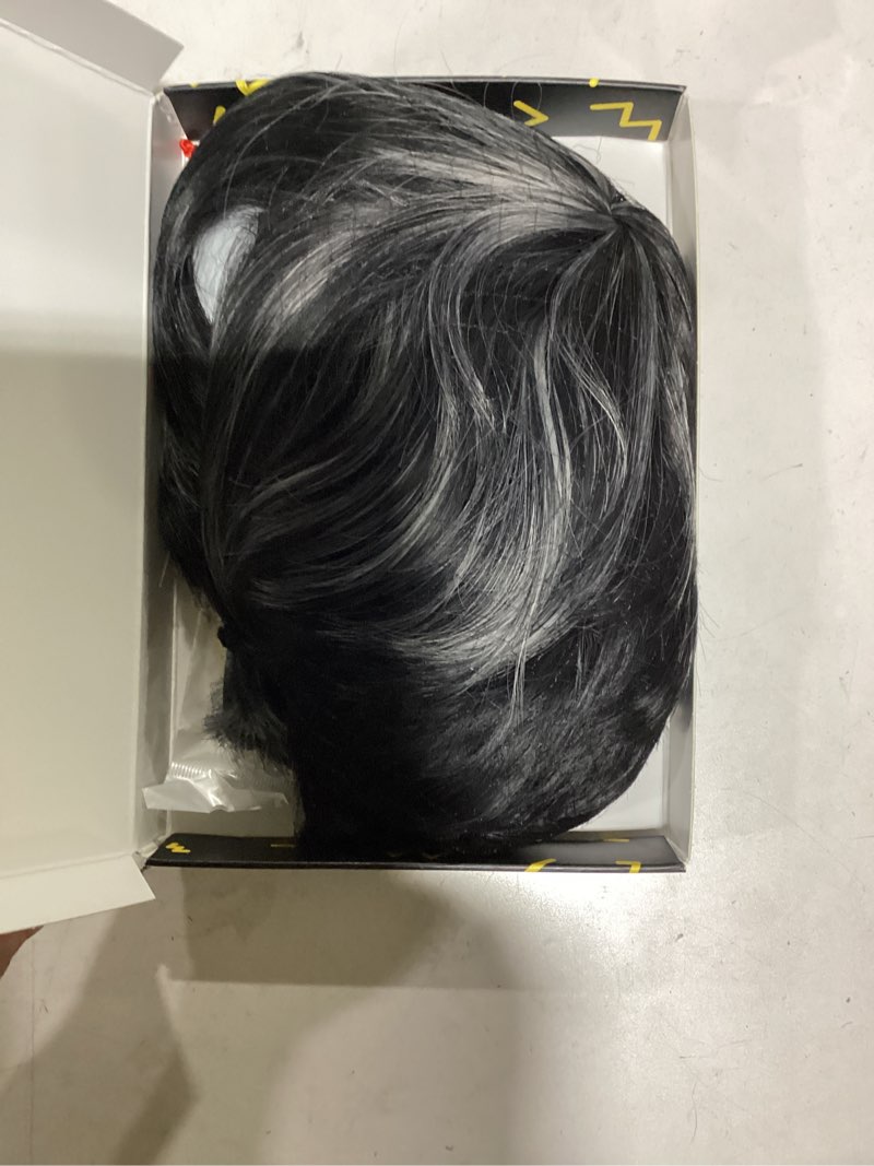 Condition photo showing New/Like New for MOONSHOW Short Grey Wigs for Black Women Grey Pixie Cut Wig Synthetic Short Side Part Pixie HairCut Wigs with Bangs for Old Women Gray Straight Pixie Wig Black Mixed Grey
