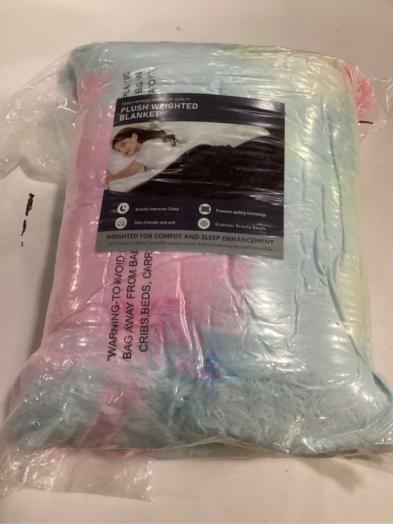 Condition photo showing New/Like New for plush weighted blanket with a rainbow or tie-dye design (similar to stock photo)