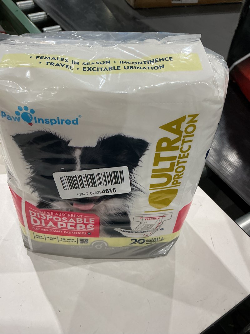 Condition photo showing New/Like New for paw inspired 20ct disposable dog diapers | female dog diapers ultra protection | diapers for dogs in heat, excitable urination, or incontinence (large) large (20 count)