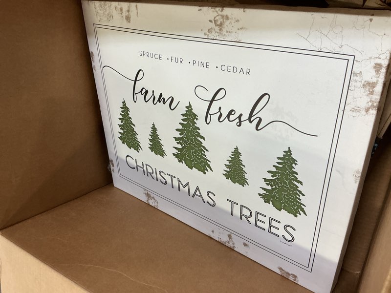 Condition photo showing Good Condition for stupell industries farm fresh trees rustic sign christmas charm, design by jennifer pugh canvas wall art, 16 x 20, off- white