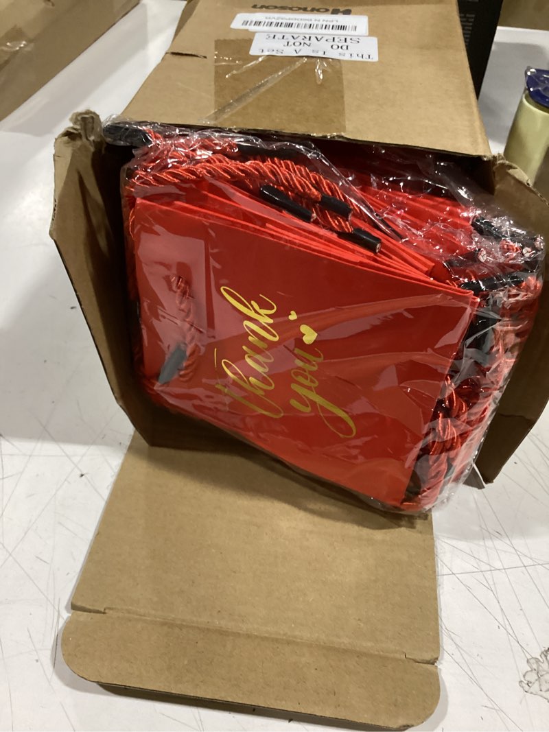 Condition photo showing Good Condition for honoson 30 pcs mini gift bag with handle 4 x 2.75 x 4.5'' small thank you bag foil paper tote for valentine's day wedding baby shower birthday graduation party favor supplies(red/gold) red/ gold