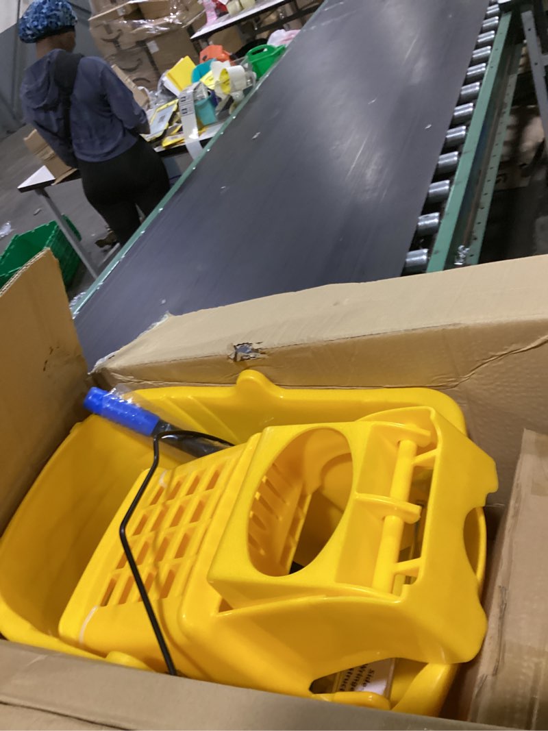 Condition photo showing New/Like New for simpli-magic side press wringer combo commercial mop bucket on wheels, 35 quart,yellow, including wet floor caution sign and set, polyethylene yellow bucket 35q capacity