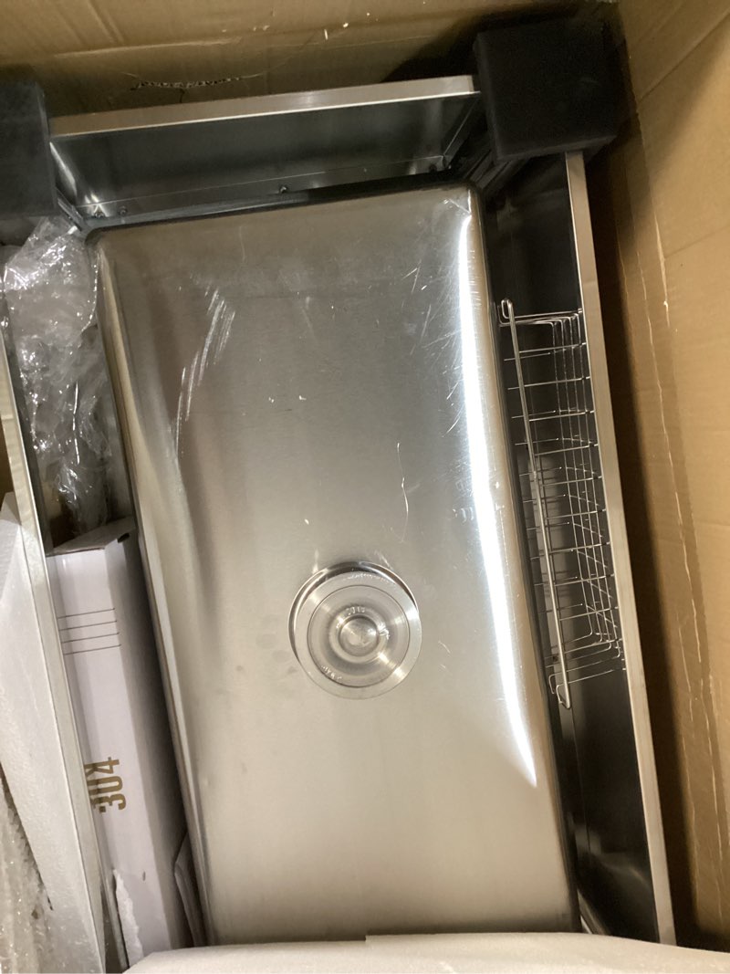 Condition photo showing Good Condition for 35 in Freestanding Stainless Steel Utility Sink with Pull-Out Faucet, Adjustable Height Laundry Tub with Hot & Cold Water, Basket, Shelf & Drain Kit for Kitchen, Garage, Outdoor, Basement