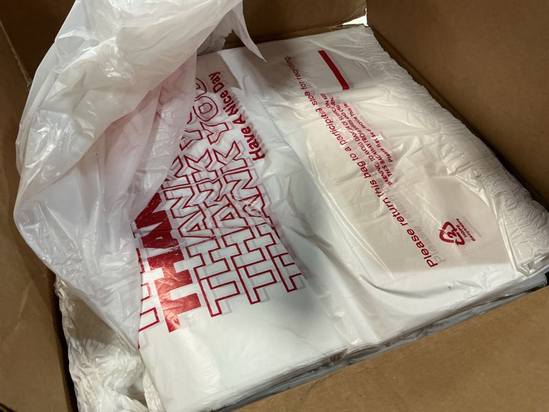Condition photo showing Good Condition for fuxury 1000 count thank you plastic bags (11.5" x 6.5" x 21") white, t-shirt, grocery, take out, to go, retail shopping bags in bulk (made in usa) white 1000 count