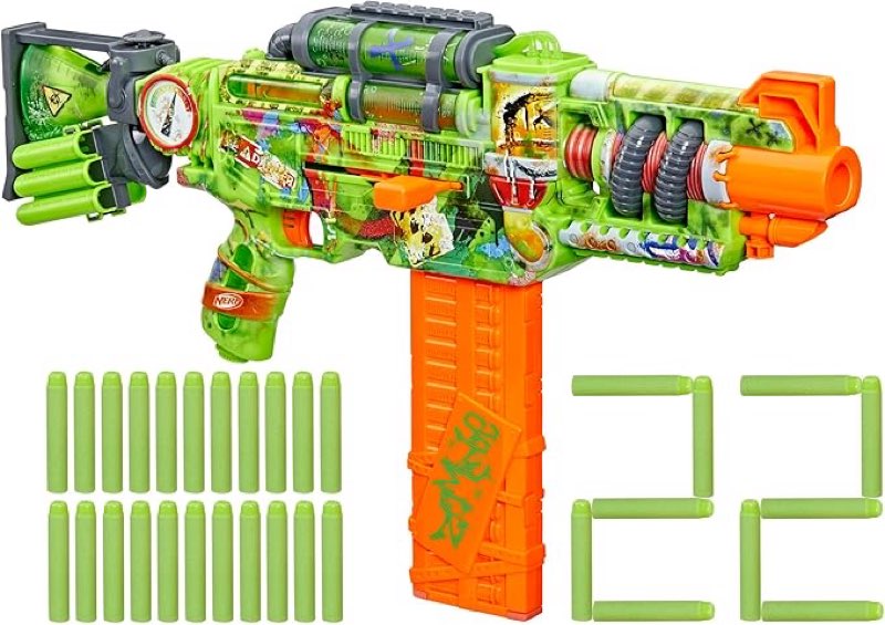 nerf zombie corrupter dart blaster, 22 nerf elite darts, 18 dart clip, dart storage, bolt action, outdoor games, ages 8+