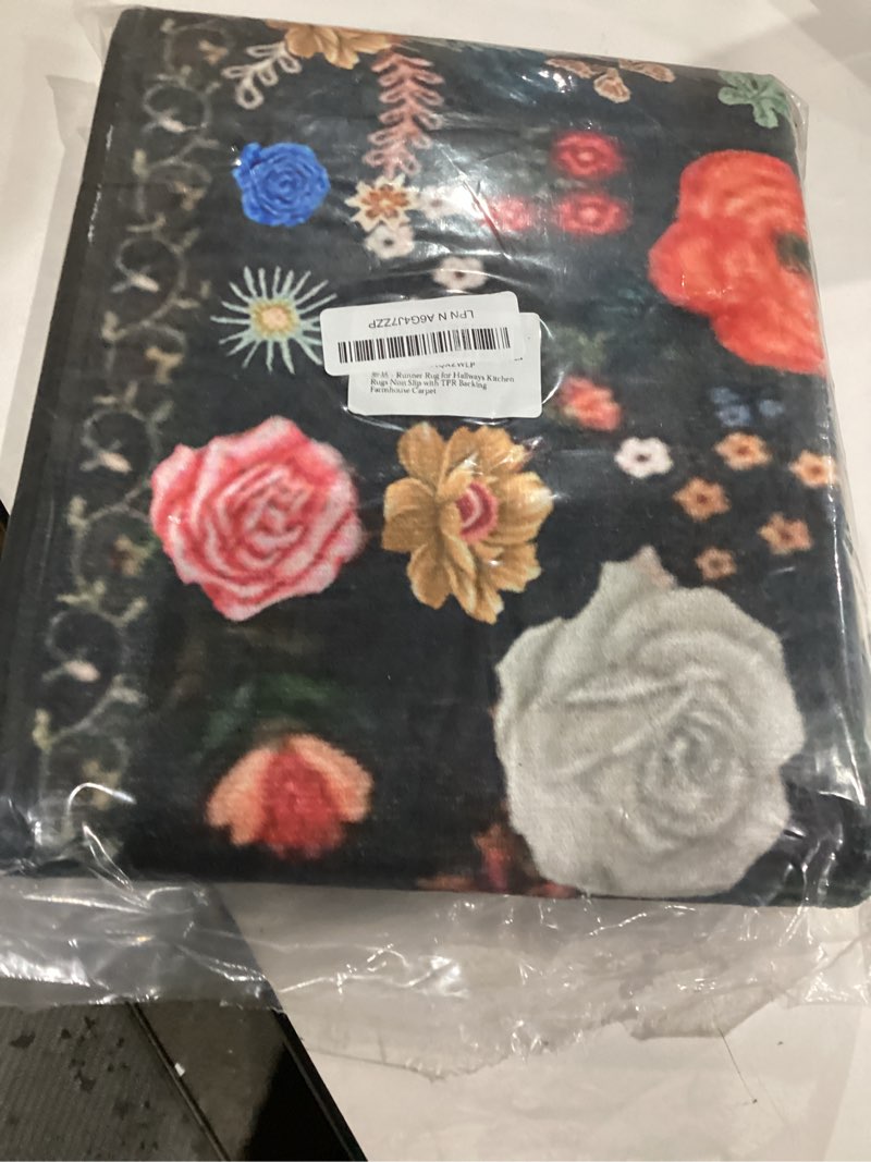 Condition photo showing As Is for Floral Rugs for Kitchen Mat, Runner Rug for Entryway with TPR Backing 20"X47" Non Slip Farmhouse Carpet for Kitchen Floor Laundry Room Bathroom Bedroom Hallways Area Rugs 20x47 inch G17-black