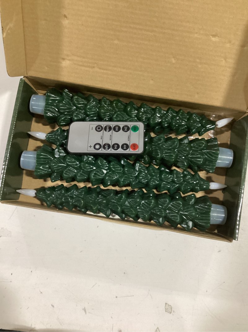 Condition photo showing Good Condition for Christmas Decorations Indoor - 4 PCS Christmas Tree Candles with Remote and Timer - Flameless Christmas Taper Candles - Battery Perated Green LED Candlesticks for Christmas Home Decor