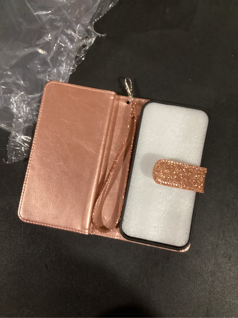 Condition photo showing Good Condition for Varikke for iPhone 15 Wallet Case Detachable with 9-Card Holder for Women, Fashion Glitter PU Leather Wrist Strap Strong Magnetic Flip Wallet Removable Phone Case Cover for iPhone 15 6.1", Rose Gold iPhone 15 6.1" Rose Gold