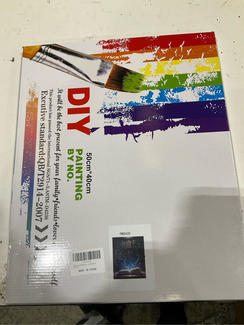 Condition photo showing As Is for fantasy book paint by numbers kit for adults - diy magical open book with blue light painting on canvas 16x20in, framed acrylic paint set, suitable for beginners, storytelling art for decoration fm05425-16x20in framed