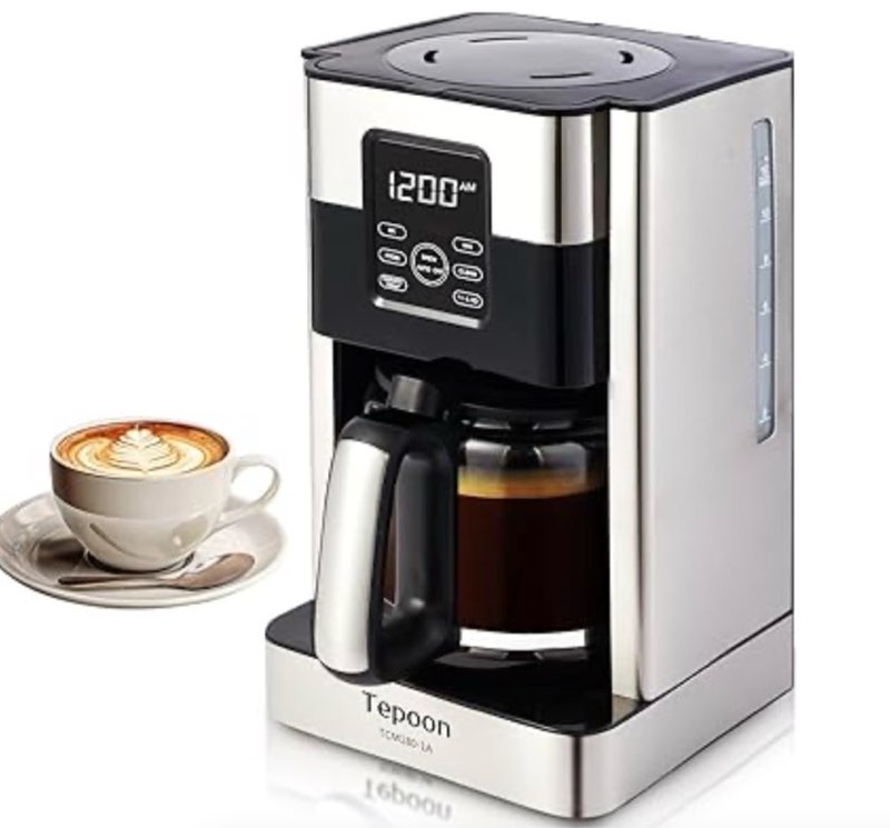 Tepoon Coffee Maker, 12-Cup Glass Carafe, Programmable, Touch Screen, Keep Hot Plate,Reusable Filter, Stainless Steel