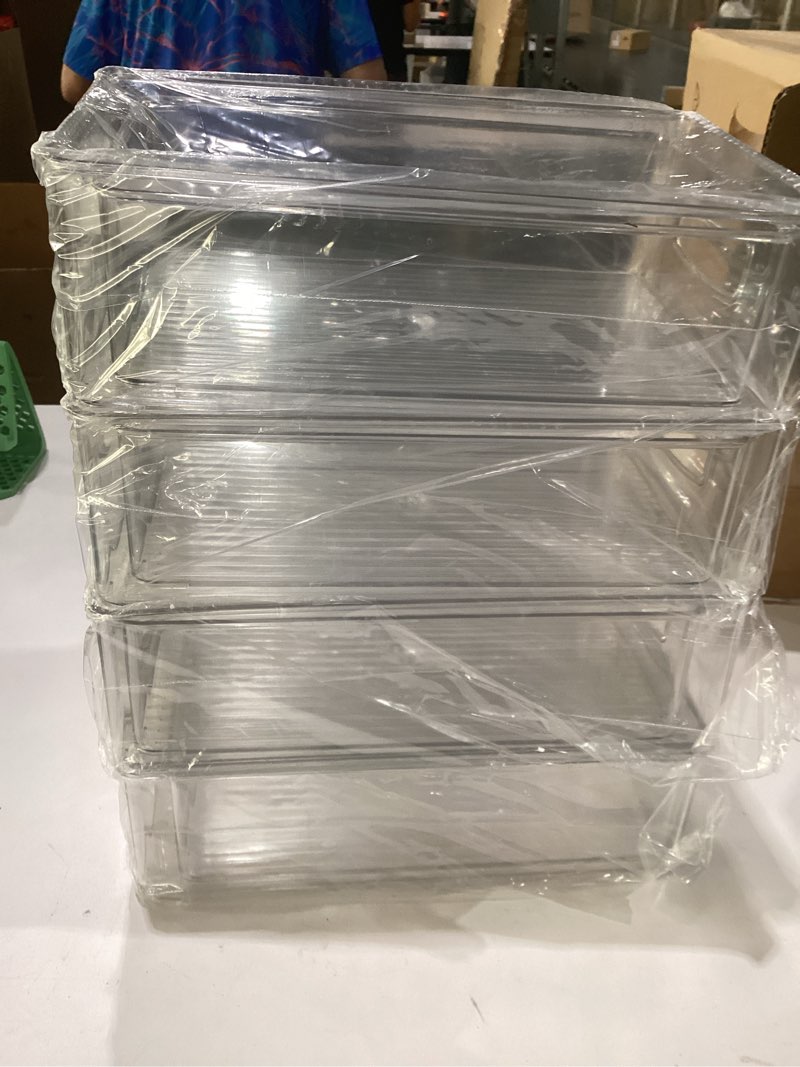 Condition photo showing New/Like New for hudgan clear storage bins 8 packs for refrigerator, 4 large stackable pantry organizer bins and 4 medium storage plastic containers for home edit, kitchen, freezer, bathroom, drawers, shelves 4l+4m