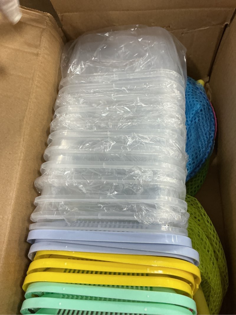 Condition photo showing Good Condition for 24 pcs plastic fish bowls with ventilated lids and fishing nets bulk set include 12 fish bowl with handle and 12 fishing nets for collecting fishes crabs sea creatures for summer beach party favors