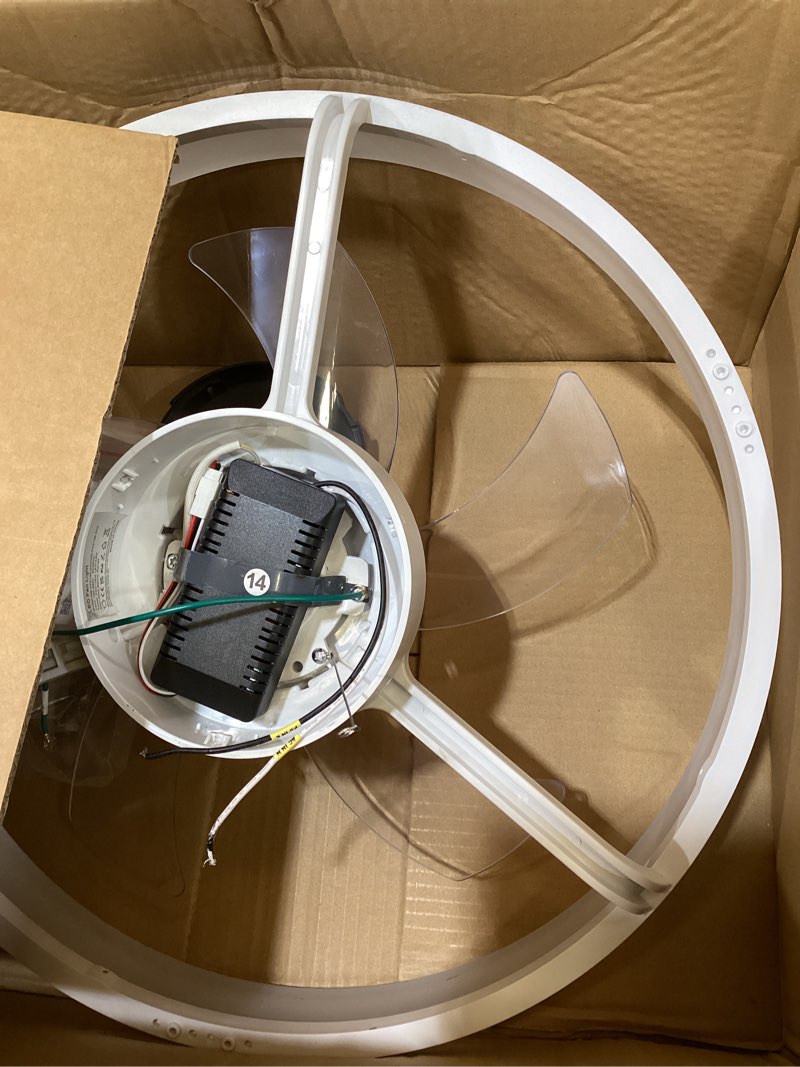 Condition photo showing As Is for dllt modern ceiling fans with lights: 20" flush mount low profile ceiling fan with app remote control - white led bladeless fandelier dimmable quiet dc motor for bedroom living room white 20 inch