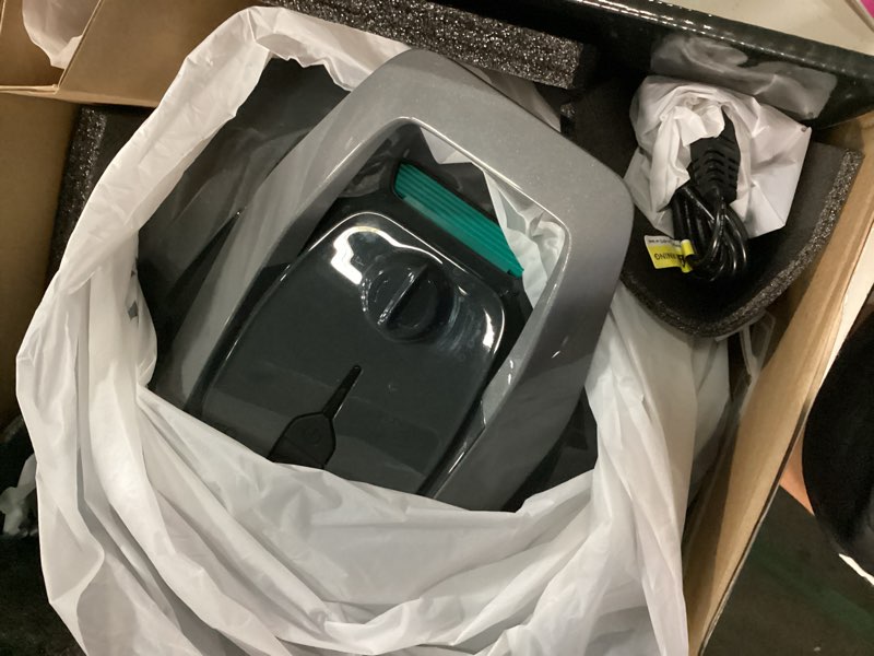 Condition photo showing As Is for cordless robotic pool cleaner with remote control, pool vacuum for above & in-ground pool with 90 mins runtime, self-parking,fast charging, ideal for above ground pools up to 850 sq.ft green