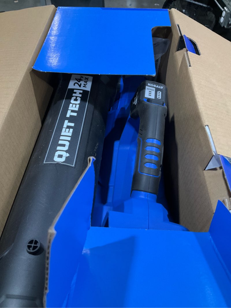 Condition photo showing As Is for kobalt quiet tech 24-volt 540-cfm 120-mph battery handheld leaf blower 4 ah battery included charger included