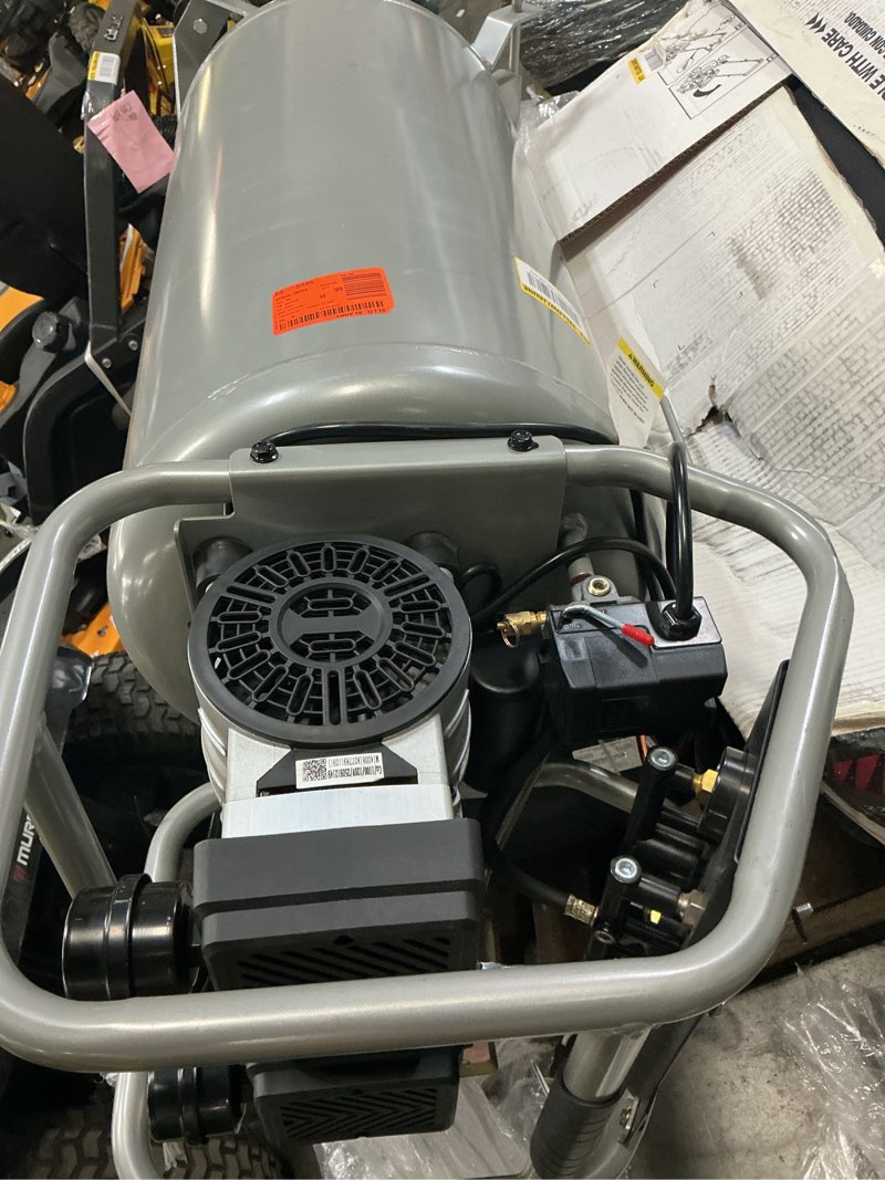 Condition photo showing As Is for 27 gal. 165 psi vertical electric oil-free quiet auto/workshop air compressor with dual gauges and 2-quick couplers