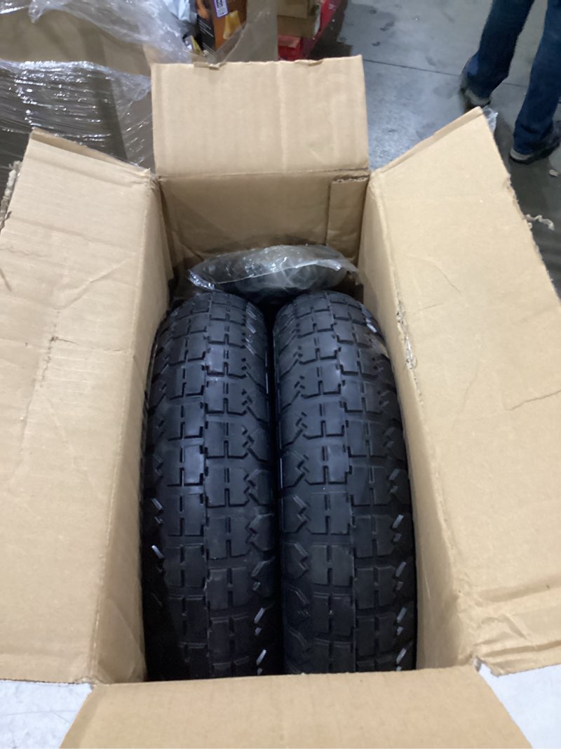 Condition photo showing Good Condition for 4.80/4.00-8 tire and wheel, wheelbarrow tire flat free with 5/8” extra 3/4” bearings, 3”-7” centered hub, 14.5” solid wheelbarrow tires for garden cart, dolly (2 pack) black